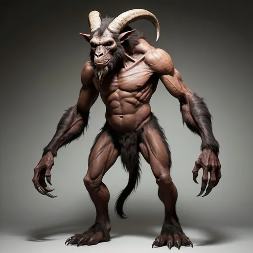 Prompt: A tall humanoid beast man. It has the head of a carnivorous goat, clawed ape hands and backward jointed dog legs. It has dark brown fur.