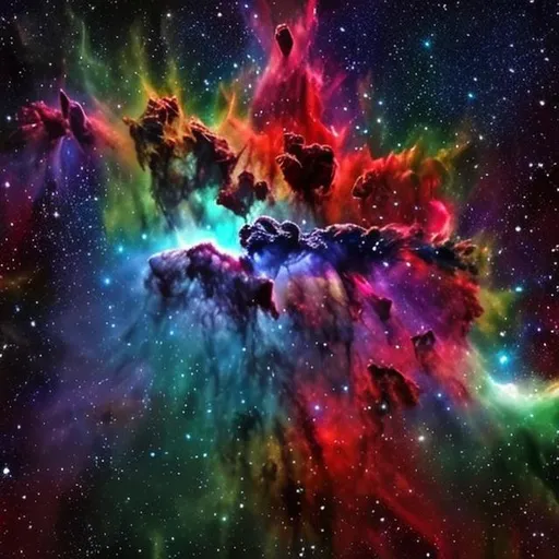 Prompt: A hyper realistic nebula with large amounts of blue red and green, other colors should pop up too