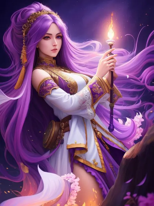 Prompt: Oil painting, dnd fiverr, landscape, UHD, 8K, highly detailed, panned out view of the character, visible full body, a hyperdetailed mage girl, hyperdetailed long purple hair, masterpiece, hyperdetailed full body, hyperdetailed feminine attractive face and nose, complete body view, ((hyperdetailed eyes)), perfect body, perfect anatomy, beautifully detailed face, alluring smile, ((fantasy_gown1.3)), small chest
