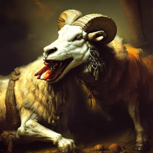 Prompt: A Rembrandt style painting of a ram eating a wolf