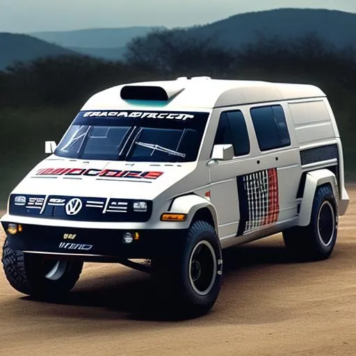 Prompt: Specced out rally version of the vw transporter, with a v12 in the back, with an enormous and complicated tear wing