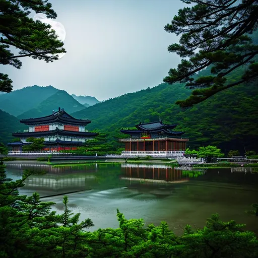 Prompt: Koreans palace, horror, night,  moon , mountain's  , dark forest , rain