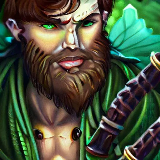 Prompt: Druid, male, Portrait, Nature, bagpipes, Brown Hair, Green Eyes, muscular, D&D