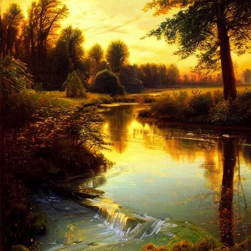 Prompt: A detailed washington landscape at sunset with a stream in the style of Peder Mork Monsted