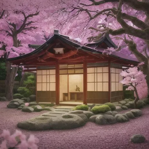 Prompt: small forest japan house with natural lights under a cherry blossom treeforest little cave
