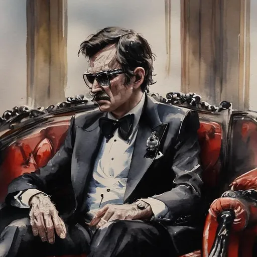 Prompt: a man wearing a fancy black suit sitting in a sofa, 1980's, waterpainting, many details,   dark, old look