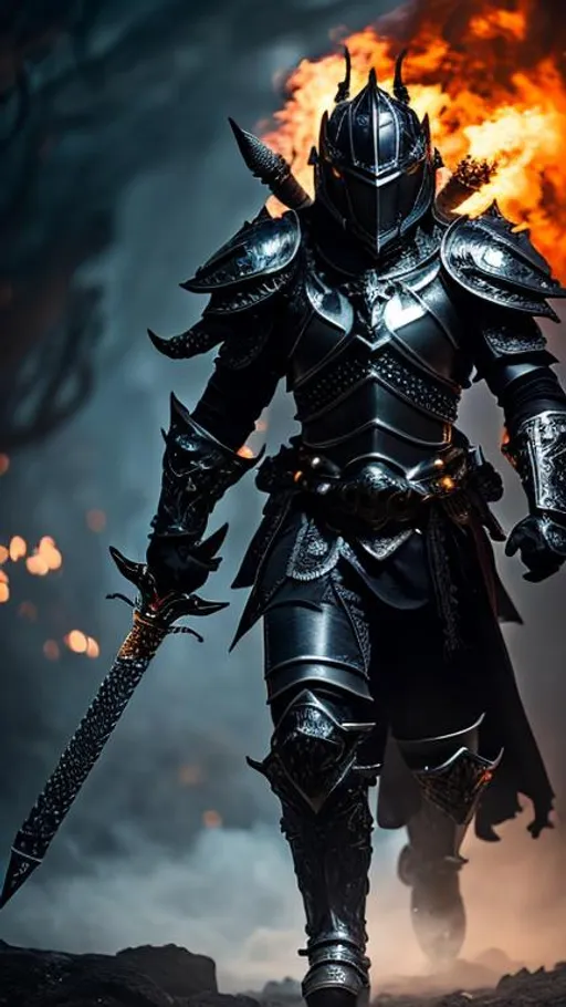 Prompt: A knight with a black shiny armor and a helmet adorned with a deer antler on the side, carrying a large silver sword on his back and a burning torch in hand, is running through a dark cave. The light casts shadows on the walls, creating a creepy atmosphere,extremly epic and stunning,insanely detailed,cinematic lighting,intricate filigree design,4k,8k,unreal engine,octane render