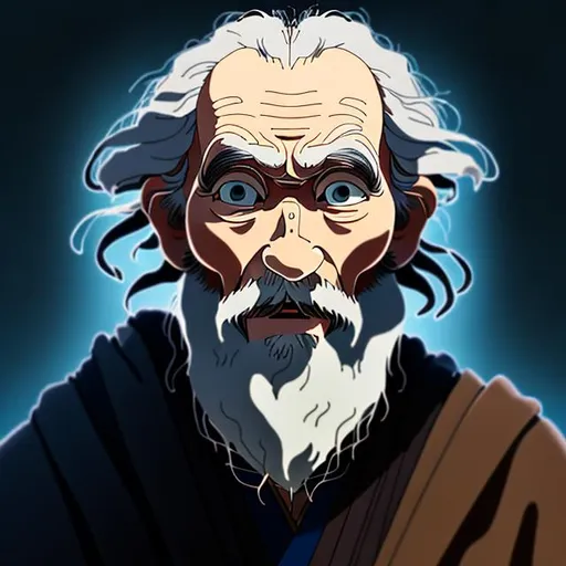 Prompt: ghibli style portrait of a crusty old man with shoulder-length curly white hair and beard with blue eyes wearing dark colored jedi robes