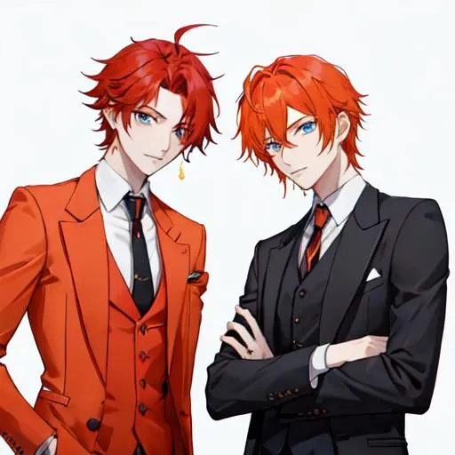 Prompt: Zerif 1male (Red side-swept hair covering his right eye) and Erikku 1male (orange hair, blue eyes) wearing suits at a wedding