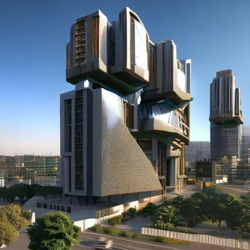 Prompt: Modernised congolese sculpture incorporated into a modern cities architecture, using rare Congolese minerals, volumetric natural light, ultra realistic, vray, far view, perspective landscape