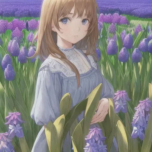 Prompt: Girl in a field of blue hyacinths 