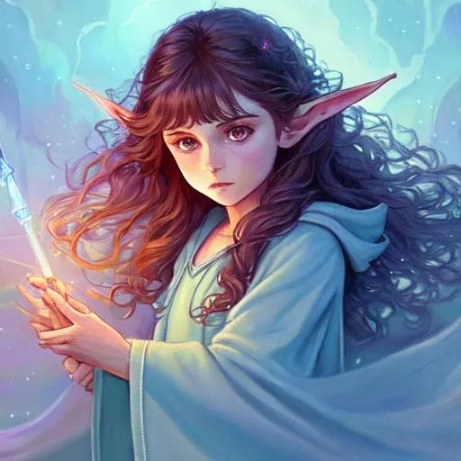 Prompt: Panned out. Very detailed realistic painting.
very short fantasy healer gnome female. Beautiful pensive face, pointy. ears
Beautiful brown eyes, brown hair. flowing long intricate pastel priest robe and cape
Full body illustration
White Radiant Single Magical Staff 
detailed  and calm background building with plants. light blue