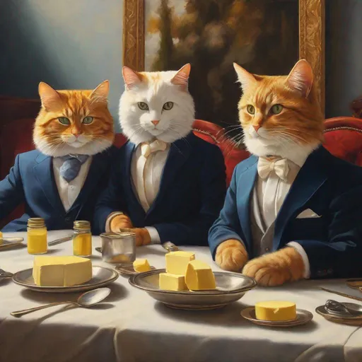 Prompt: breathtaking oil painting of a cats in suits sitting around a table eating butter and discussing business. Exquisite Detail Everything is perfectly to scale, Aesthetically Brilliant with a warm ambience HD, UHD, 8k Resolution, Vibrant Colorful Award winning 