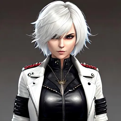 Prompt:  Lady's hair is cut short in a ragged short bob style with a full fringe similar to her Devil May Cry 3 hairstyle; her scars mainly across her nose have been notably healed. Her main outfit is combination of both military and casual style; a off-white leather short jacket with a white long sleeved blouse which shows off her midriff and was accessorized with gray and black rider goggles and a black buckled belt which is connected to her jacket, black shorts with matching leg warmers which is connected to her shorts that resembles leggings. She retains her skirt and her weaponry in the third game and wears black boots. She also wears black fingerless gloves and black/gray nail polish.

Lady is very fierce, rough, and tough enough to keep up with Dante. She is described as a "psychotic devil-hunting female". When Arkham fakes his death and after she kills him near the end of the game, Lady breaks down and cries, showing a more sentimental side. Her quote, "It's true. You'd never recover from that", calls attention to her persisting trauma, and could even signify Lady's regret from killing her own father.