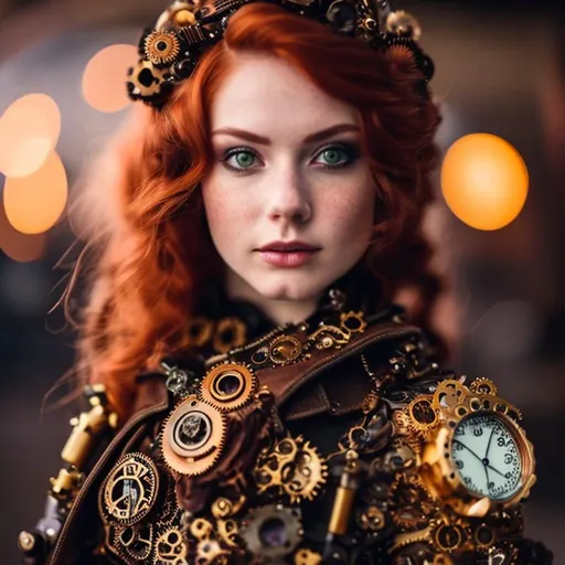 Prompt: In a realm of gears and steam, behold the Steampunk princess, 22 years old, Serious, mature female face. Serious, mature female face. Troubles and joys. No make-up. Natural skin tone. Troubles and joys. —a vision of elegance with fiery red hair and bright green eyes. Adorned in a custom leather jacket, she bears a copper watch, brass bolts, and a miniature telescope. Her dynamic presence exudes stillness and regality, a fusion of grace and mechanical marvels. (((head, shoulders, upper body portrait))). finely crafted charming face. detailed, 3D, ((photo-realistic)) professional work.