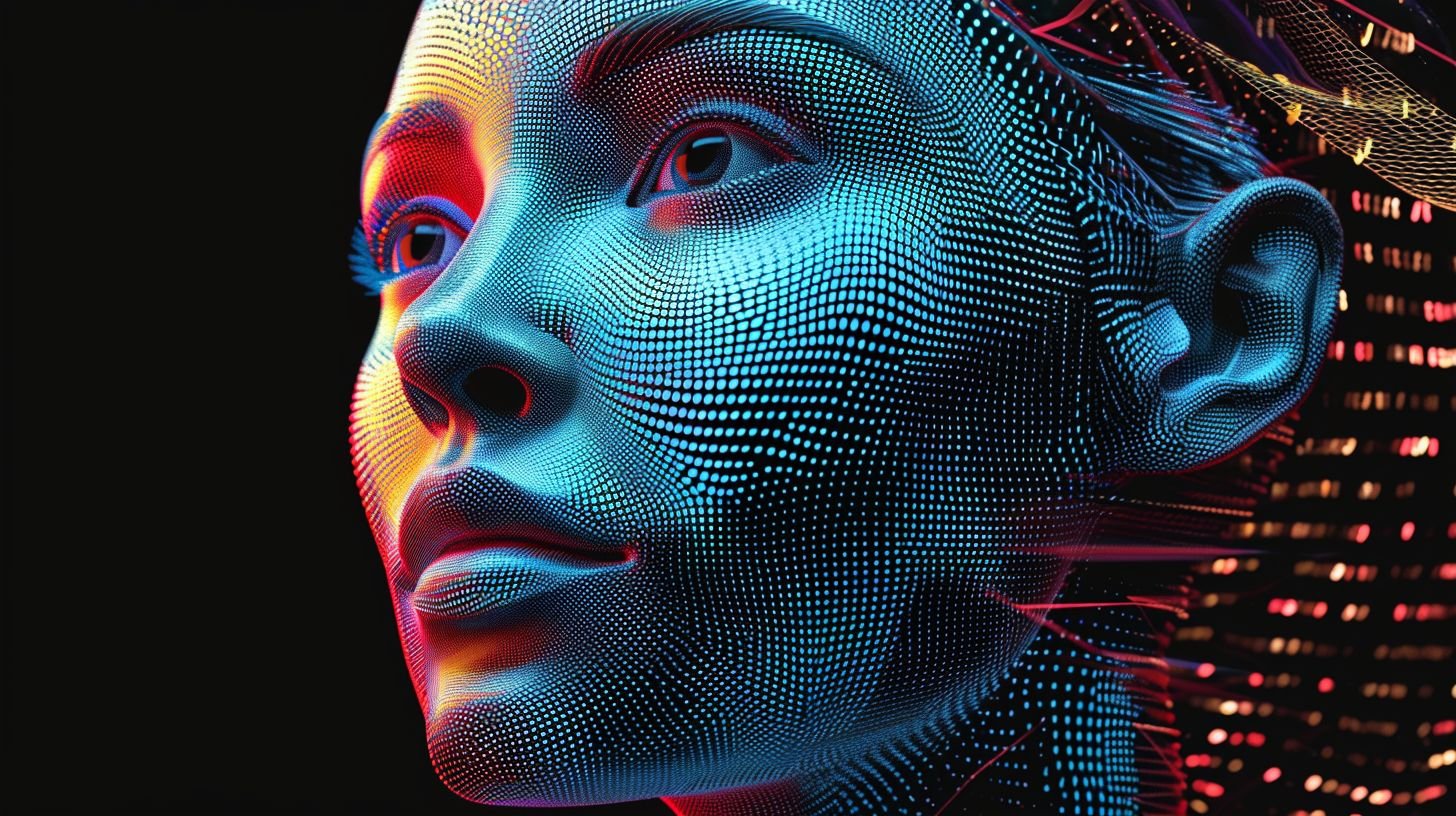 Prompt: 3d female face emerge from the digital dot matrix with variable colors