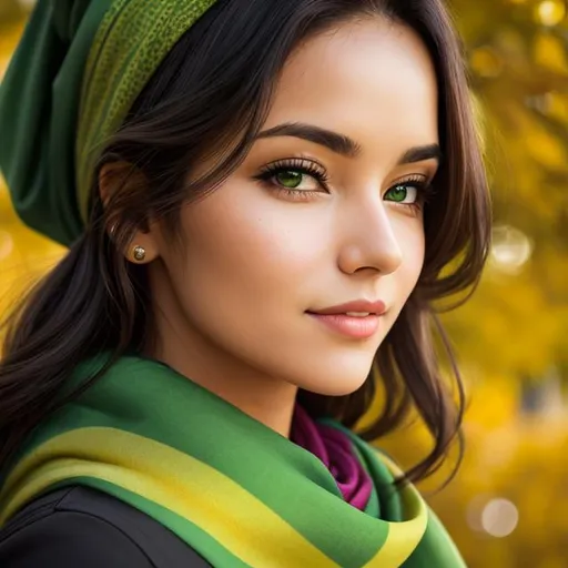 Prompt: a woman wearing a green scarf, facial closeup