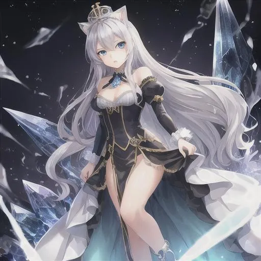 Prompt: young woman, queen, crown, slender, silver hair, cat ears, blue eyes, angry, full body, ice