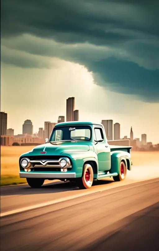 Prompt: A 1953 Ford F-100 driving g away from a vintage American city skyline. Dramatic sky and clouds.
