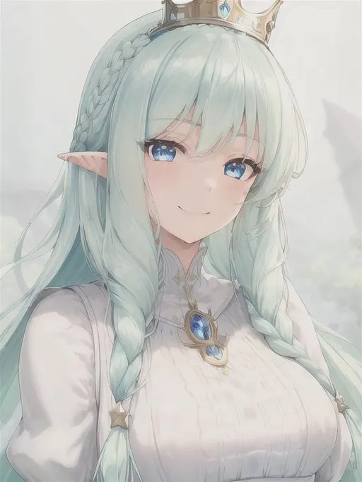 Prompt: 1 girl, happy, cheerful, smiling, queen, highly detailed blue eyes, highly detailed face, innocent looking, regal looking, regal, 8k UHD, young girl, pointy ears, divine, highly detailed blue dress, long sleeved, anime, long dress, fully clothed, fantasy kingdom backdrop, highly detailed back braided silver hair, slight front bangs, scenic view landscape, magical feel, aerial view, idyllic, overhead shot, determination