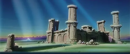 Prompt: Timgad ruins at bright blue sunset, DVD Screengrab from Walt Disney Animation Studios 2021 movie