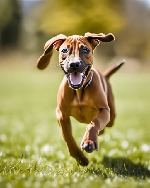 Prompt: A happy brown Rhodesian ridgeback puppy running freely across a large grassy field on a sunny spring day. Shallow depth of field keeps the sprinting puppy in sharp focus while softly blurring the background of trees and humans. Fast shutter speed freezes the energetic pup mid-run, ears flapping in the wind and tongue wagging with joy. Shot with a Sony A7R III using a 70-200mm lens at f/2.8 at 1/1000 shutter speed. Bright, fun lighting enhances the playful mood.