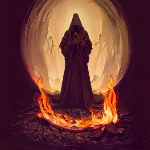 Prompt: portrait of a stunningly beautiful campfire, highly detailed, 3 5 mm photo, artstation, concept art, sharp focus, 2 8 mm macro photo, art by artgerm and greg rutkowski and alphonse mucha, incredibly beautiful and symmetrical, incredibly detailed, award winning art, royal, campire, woman with no face in black robes with hood, faceless, campfire, orange eyes, glowing eyes, round hood, rounded hood, cleric surrounded by zombies, highly detailed, digital painting, artstation, concept art, smooth, sharp focus, illustration, art by artgerm and greg rutkowski and alphonse mucha and andrei riabovitchev