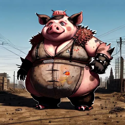 Prompt: Anthropomorphic mutated fat Pig Kunoichi with furry skin and a spiky on its head.
Pigsty with mud and famer background, Hard Lighting, Harsh Shadows, Industrial environment, rusted metal, urban decay