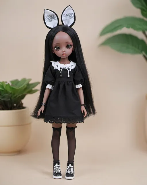 Prompt: Cute baby bjd doll girl Korean African with big eyes and big ears gothic style