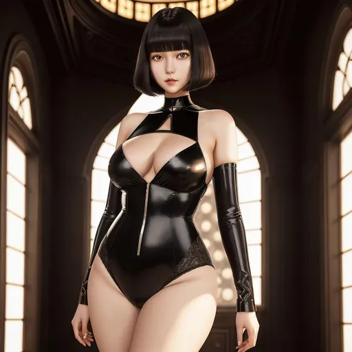 Prompt: a lonely AI girl, very tall, thick thighs, wide hips, long legs, slender waist, big beautiful symmetrical eyes, intriguingly beautiful face, aloof expression, bob haircut with bangs, Renaissance art style, 12K resolution, hyper quality, hyper-detailed, depth of field