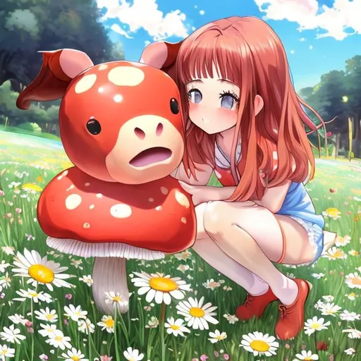 Prompt: anime girl stroking a red cow-mushroom in a daisy meadow