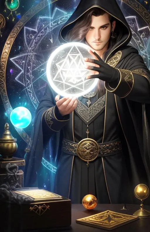 Prompt: front view of male sorcerer standing before a glowing chaotic orb, dark hair summoning wealth, treasure piling on a desk, crystals on a desk, protection, aura, skull on a desk, alchemy on a desk, papers, several amulets, dark clothing, black jacket with hood, long flowing hair, magical runes, occult, runic symbols, enochian, realistic eyes, apostate, vivid colors, masterpiece, art by HR Giger, dark contrast, 3D lighting, nighttime in the heavens, background