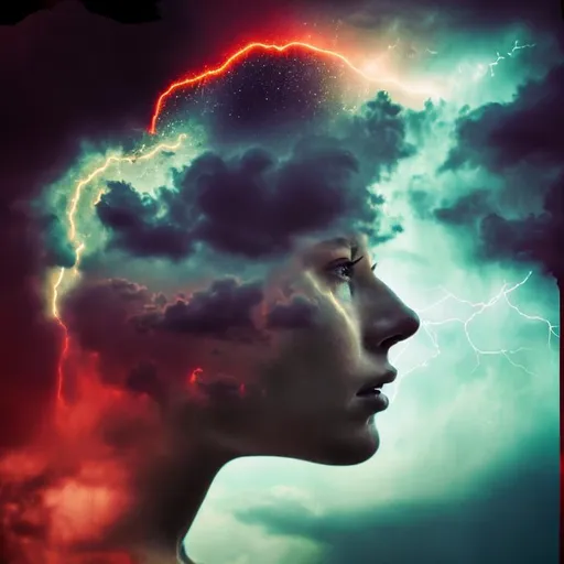 Prompt: female, double exposure photograph of a moon and clouds with lightning strikes sky, moody, soft lighting, dramatic light, sharp tones, textured, red glow, blue glow, double lighting, skin lighting, fashion, close-up
