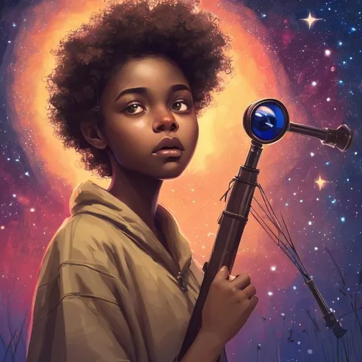 Prompt: Please produce a illustration of a beautiful black girl holding a telescope to look at stars, brown skin color, with two-strand twists, night time background, high quality, trending art, trending on art station, sharp focus, studio photo, intricate details, highly detailed, UHD, HDR, 8K, ((Masterpiece))
