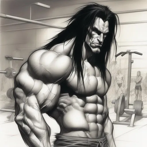 Prompt: a manecing skinny white guy with a long black hair at the gym drawing by simon bisley