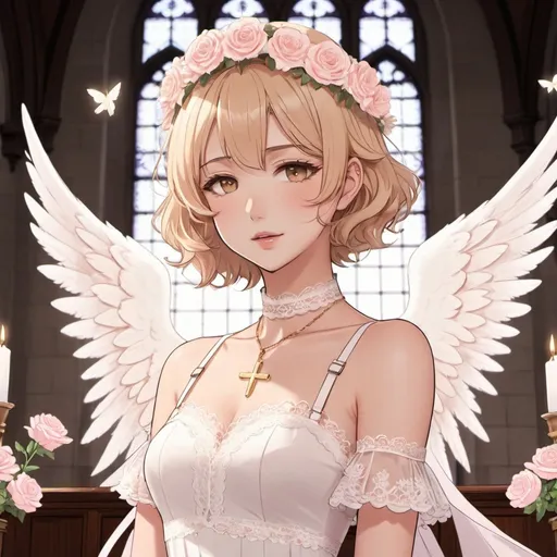 Prompt: anime, soft, drawing, angelcore, animecore
girl, short wavy hair, light hair-colour, golden eyes, rosy tinted lips
choker, elegant light lace dress, white harness, small angelic wings, delicate light pink flower crown
fallen church
