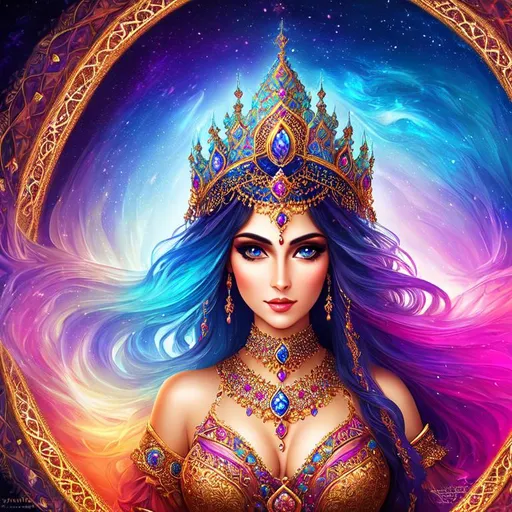 Prompt: Abstract fractal art background, Tamina as a Princess of persia, detailed beauty face, detailed beauty eyes, perfect long hair, surreal beauty, soft light, surrounded by Castle in Prince of Persia, surrounded by full color julia clusters fractal in hyperbolic space., long shot