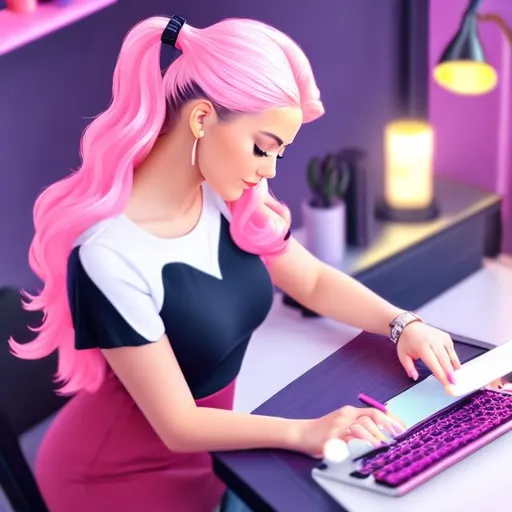 Prompt: Full body Portrait of {Girl typing on laptop in office hd} with {pink} hair and with cute face, {In the home office hd}, full body, perfect composition, hyperrealistic, super detailed, 8k, high quality, trending art , trending on artstation , sharp focus , Realistic background image of hd, intricate details, highly detailed.