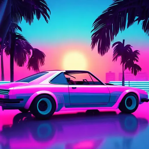 Prompt: retro car scene, miami, retrowave, neon, synthwave, vaporwave, highly detailed