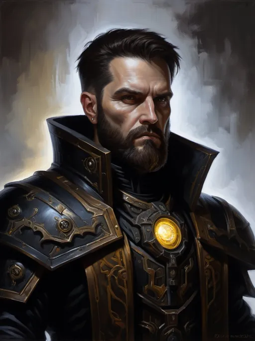 Prompt: full-body oil painting of a male Warhammer 40k sanctioned psyker, dark tones, short thick brown hair, styled brown beard, worry lines, highly detailed piercing brown eyes, detailed, oil painting, dark fantasy, intense gaze, dramatic lighting, wh40k, dark black clothing, soft highlights, soft shadows painterly, painted, 19th century impressionist brushwork, dark black gunmetal hi-tech psyker light_armor, dark black gunmetal 40k psyker hi-tech gear, (psyker), Caucasian, up-lit under-lit face, 