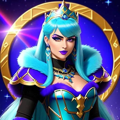 Prompt: Archer Queen with ultradetailed large shiny blue lips, Blinding Heart Earrings, Blue Xtra Large Metal Ball Gown, Rainbow Sugar Gloves with Purple Fur, Glowing Blue eyes, Artisans Cut Gleaming Ice Cream Tiara. Pristine Green hair, confident facial expression, Full eyebrows with blue tint, Crocodile necklace, Wintry Aura, Black Armor Plated Shoulders, Cake Covered gold wand, Sharp Nails, Auroras in eye of hurricane. Blue Moon. High resolution, Realistic, Cold color scheme, high radiance.