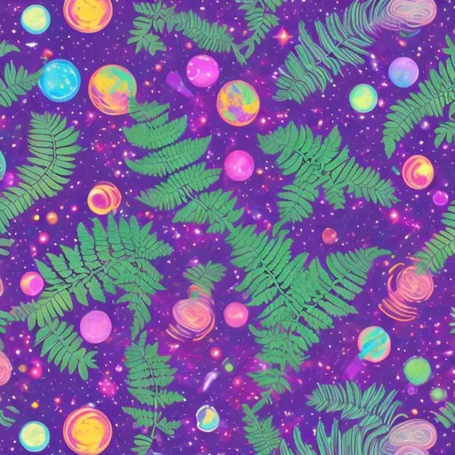 Prompt: Ferns  in outer space in the style of Lisa frank
