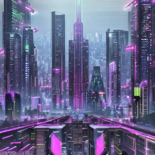 Prompt: "Generate a cyberpunk cityscape, complete with towering neon skyscrapers, holographic billboards, and bustling crowds of people. Also generate the negative version of this image, with reversed colors and high contrast."