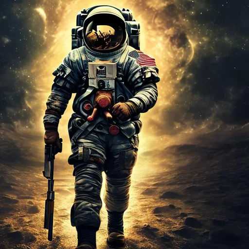 Prompt: Dark background as wallpaper for phone, oil painting, armed man is going to the moon, UHD, HDR, 64K