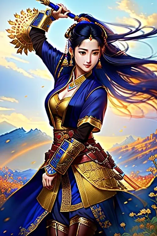 Prompt: Liu Yifei as a female warrior by Mughal art style, dark blue robe color, detailed Face, dynamic lighting, golden hour, beautiful, colorful, landscape, hyperdetailed, brown and dry land, war zone, earth art, beautiful, detailed, colorful, golden hour, fantasy, matte background, concept art, detailed painting