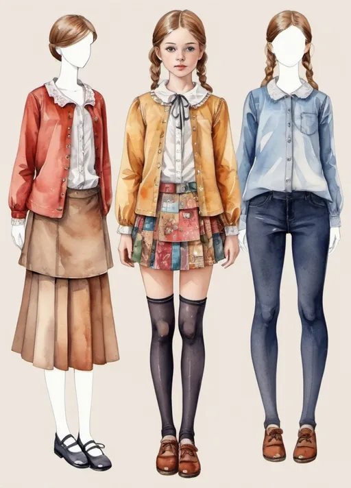 Prompt: young girl, children's clothing, skirt, blouse, a lot of details, high quality, fool body, standing straight, arms to the sides, paper doll, watercolor,