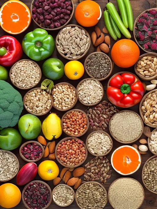 Prompt: 
 selection of fruits, vegetables, seeds, nuts, legumes and wholegrains