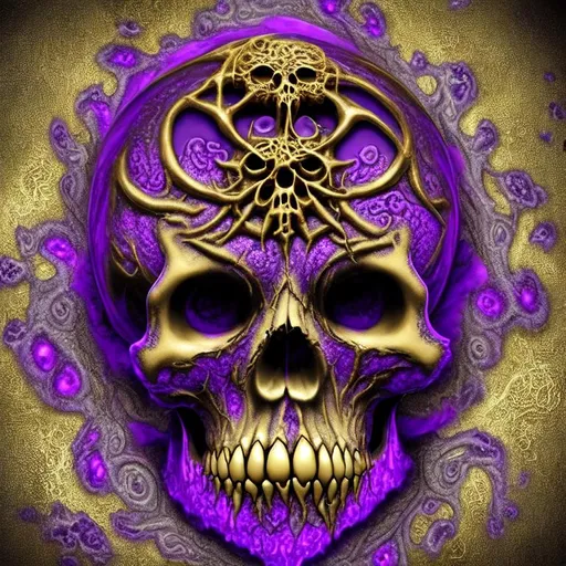 Prompt: scary horror 3D HD Mandelbrot Julia Fractal inky plasma gold silver purple {celtic}skull freeform dark chaos --s98500