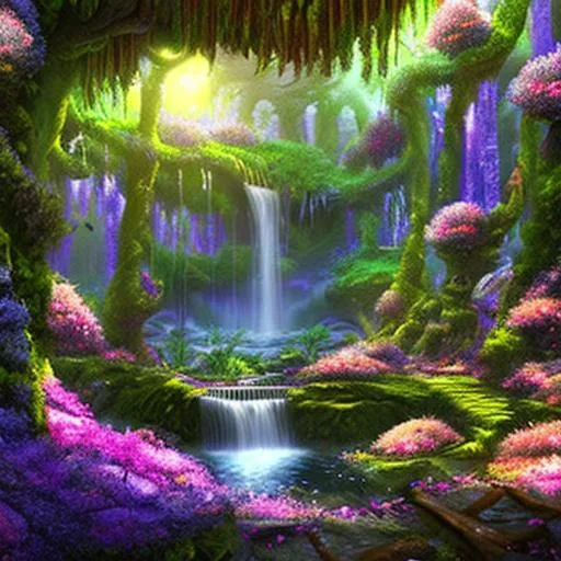 Prompt: lush fantasy enchanted magic forest with flowers and waterfalls, beautiful lighting detailed