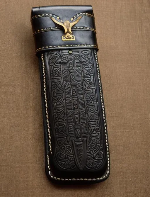 Prompt: An intricate carved leather hunting knife sheath with Egyptian  cartouches, scarabs. and gods